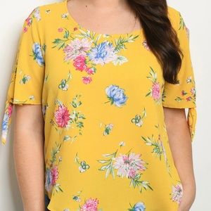 Yellow floral short sleeve plus size shirt